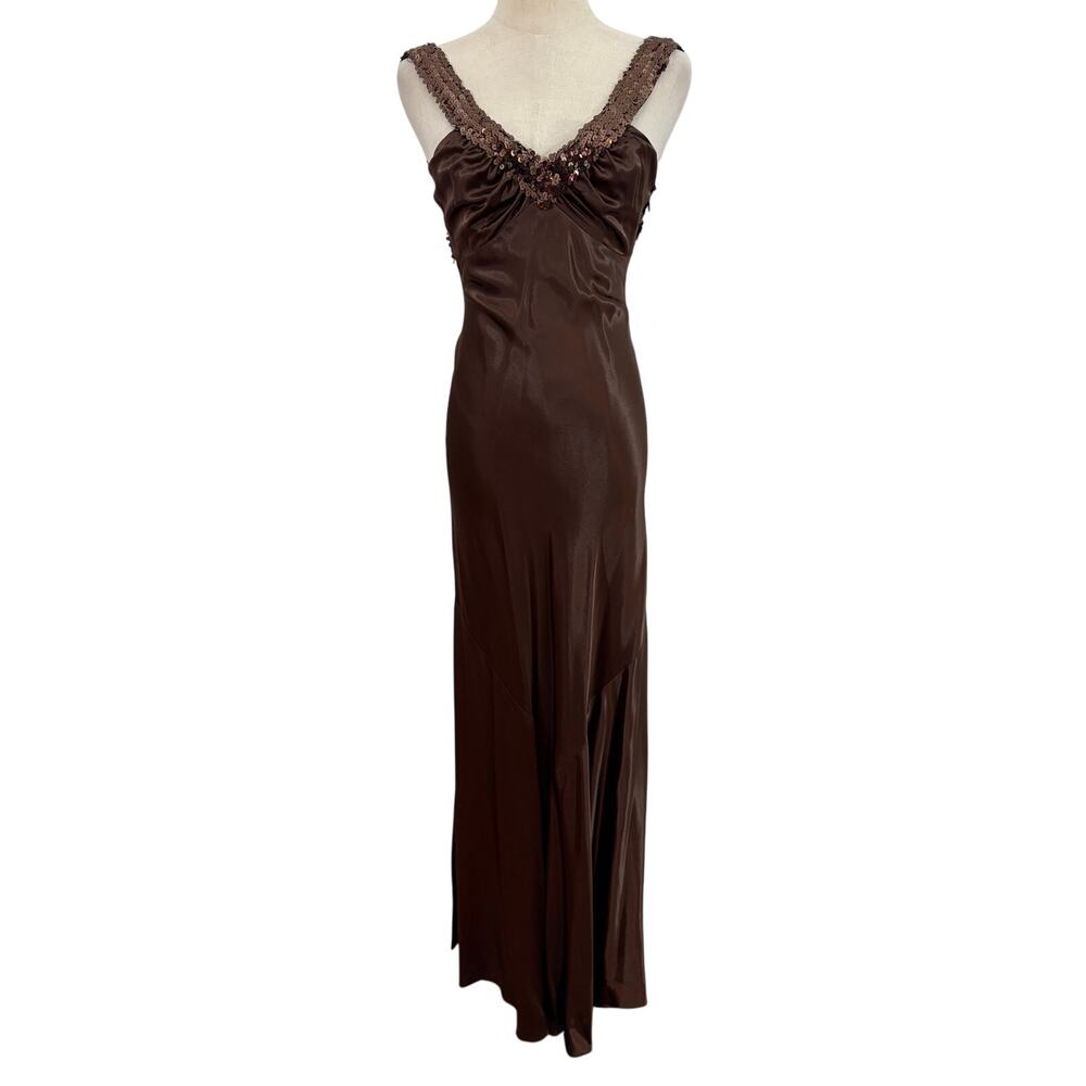 Vtg 90s Zum Zum brown satin dress sequin straps evening gown ruched low back 3/4 - Picture 1 of 8